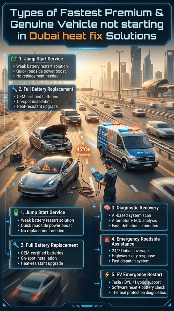 Types of Fastest Premium & Genuine Vehicle Not Starting in Dubai Heat Fix Solutions β Complete Guide Infographic showing different types of vehicle breakdown solutions in Dubai heat including jump start, battery replacement, diagnostics, roadside assistance, and EV emergency restart services.
