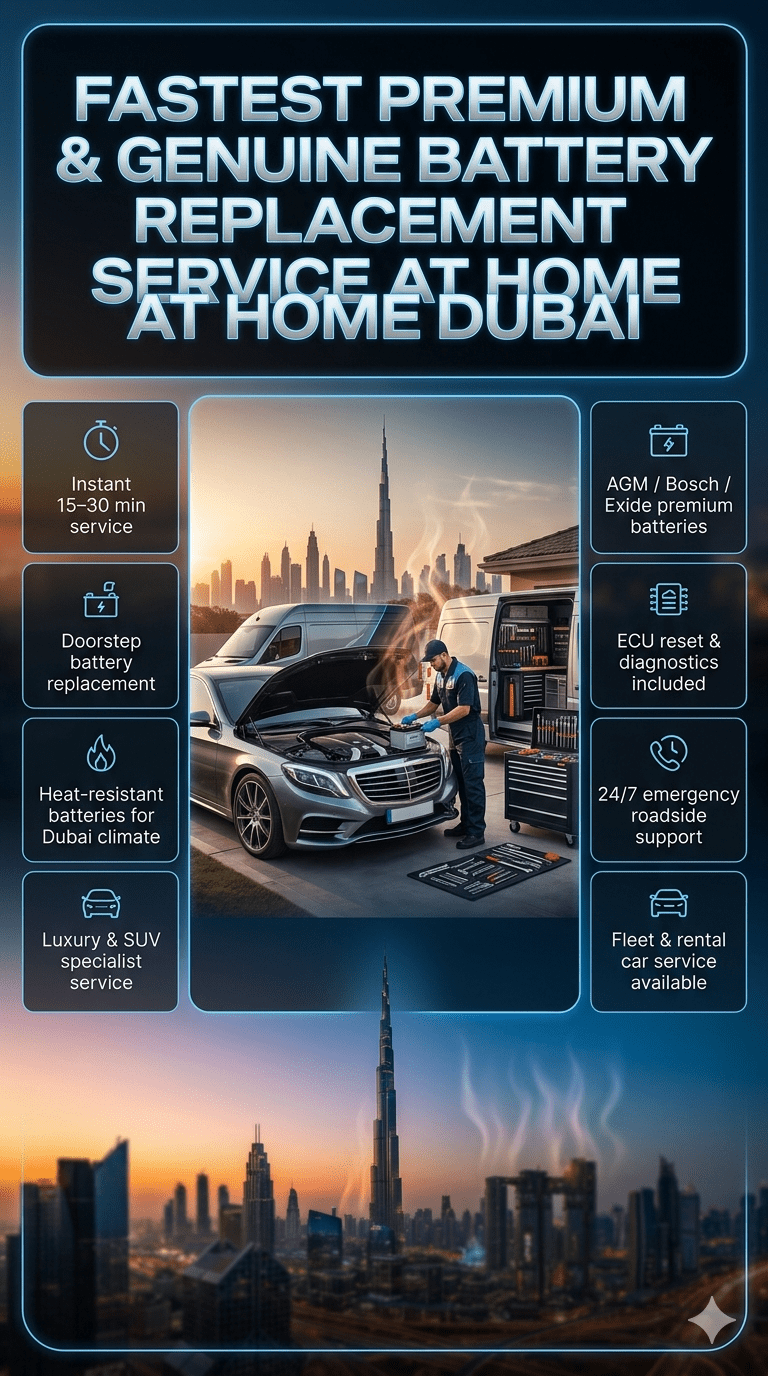 Luxury mobile car battery replacement service in Dubai showing technician servicing a BMW-style car at home with Dubai skyline background and service features listed on sides.