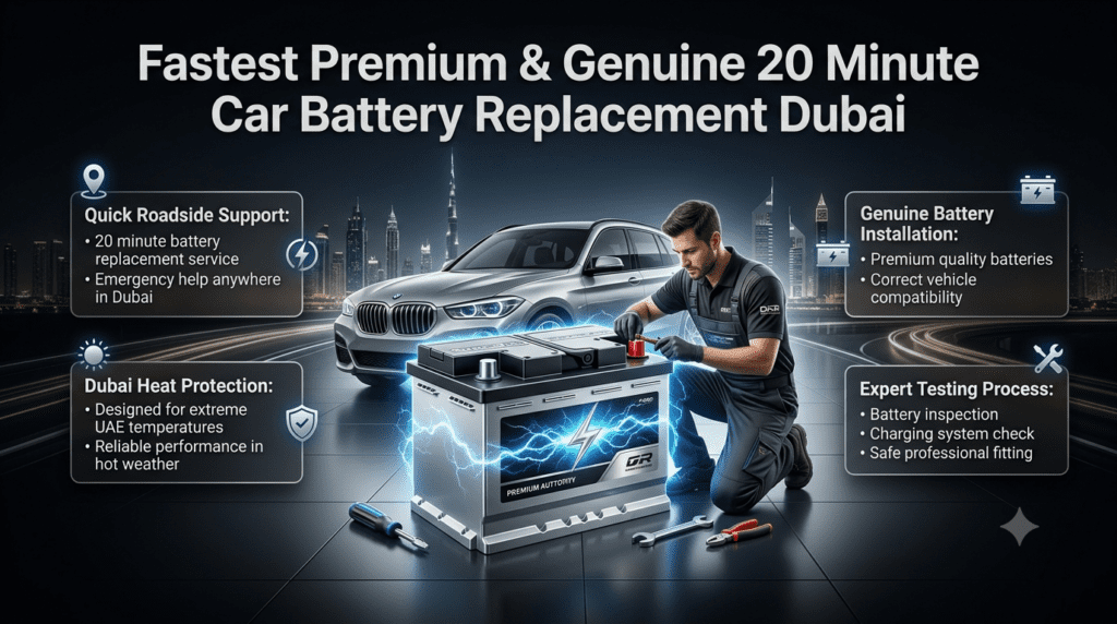 Fastest Premium and Genuine 20 Minute Car Battery Replacement Dubai infographic showing quick roadside battery service, genuine battery installation, Dubai heat protection, and expert automotive support.