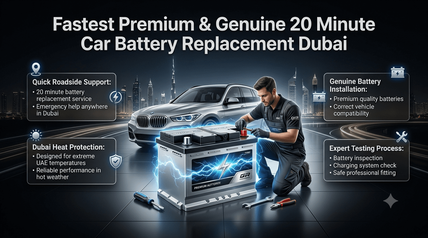 Fastest Premium and Genuine 20 Minute Car Battery Replacement Dubai infographic showing quick roadside battery service, genuine battery installation, Dubai heat protection, and expert automotive support.