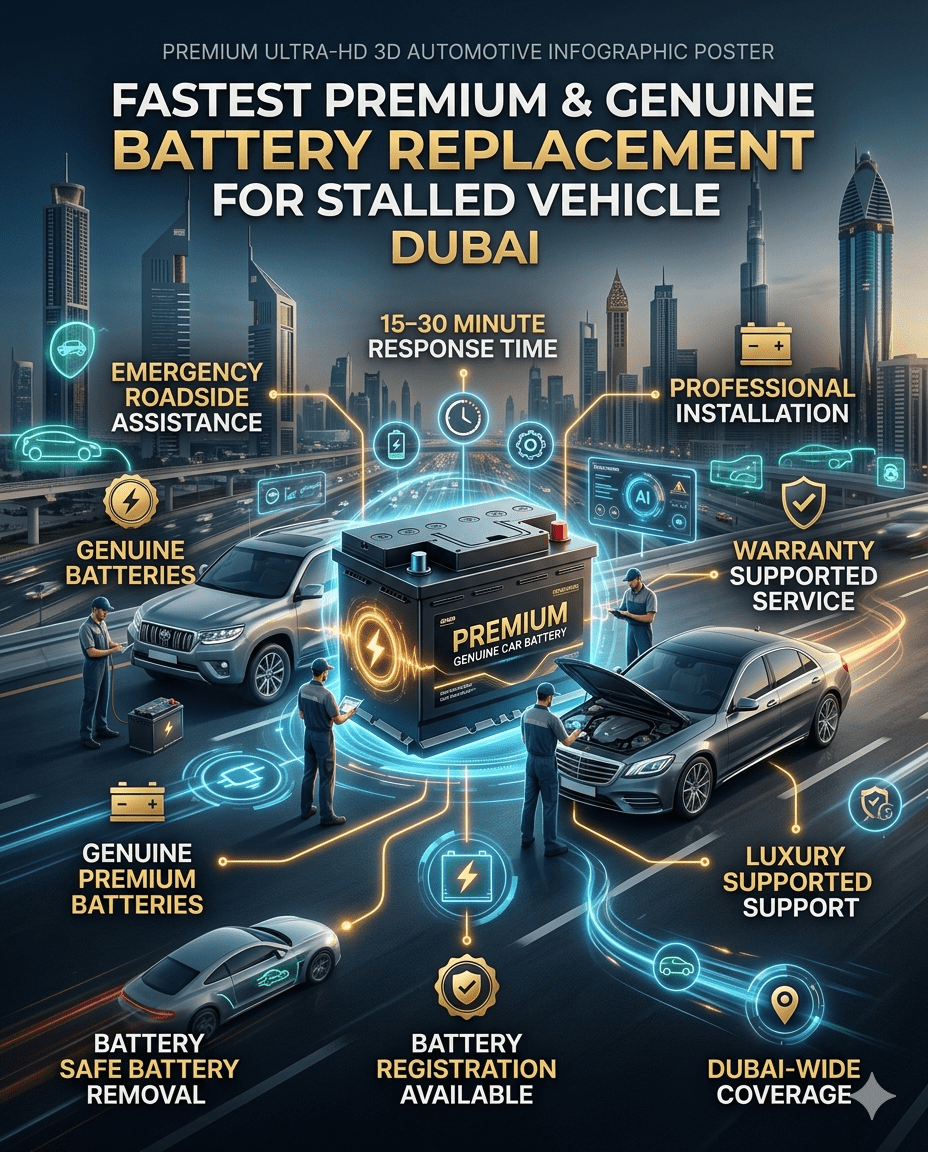 Fastest Premium & Genuine Battery Replacement for Stalled Vehicle Dubai infographic featuring emergency roadside battery service, genuine battery installation, diagnostics, and Dubai-wide mobile assistance.