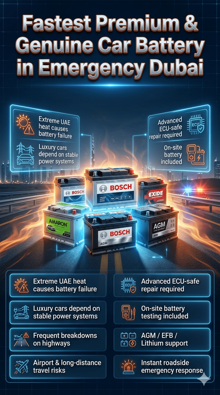 Premium infographic showing fastest emergency car battery repair service in Dubai with luxury car battery brands in the center and key service points about UAE heat, roadside breakdowns, and advanced ECU-safe battery replacement displayed on both sides.