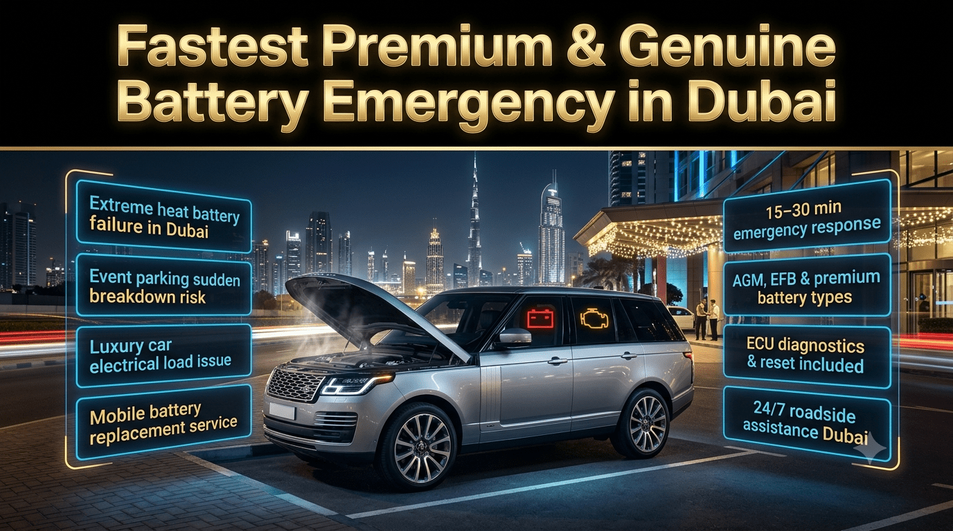 Luxury Dubai automotive emergency banner showing premium car battery failure at event parking with mobile repair infographic and futuristic UI design.