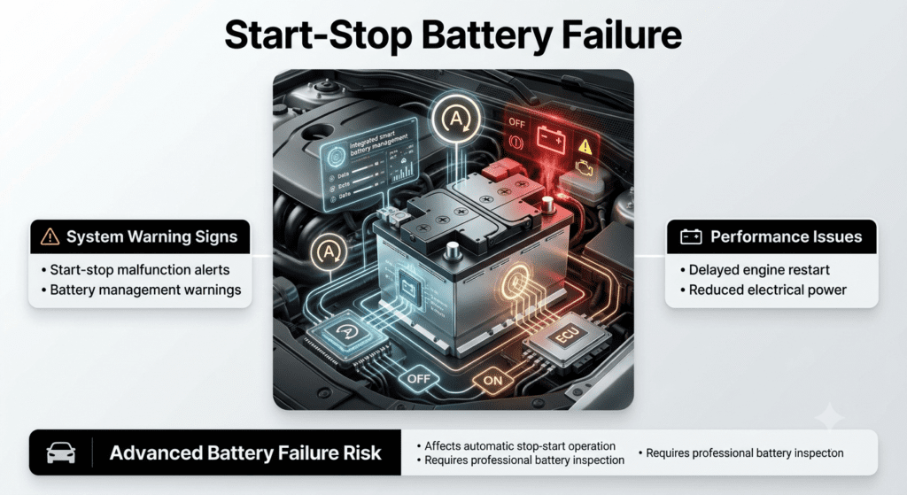 Start-stop battery failure infographic showing a modern vehicle battery with warning alerts, delayed engine restart problems, battery management warnings, and reduced electrical performance.