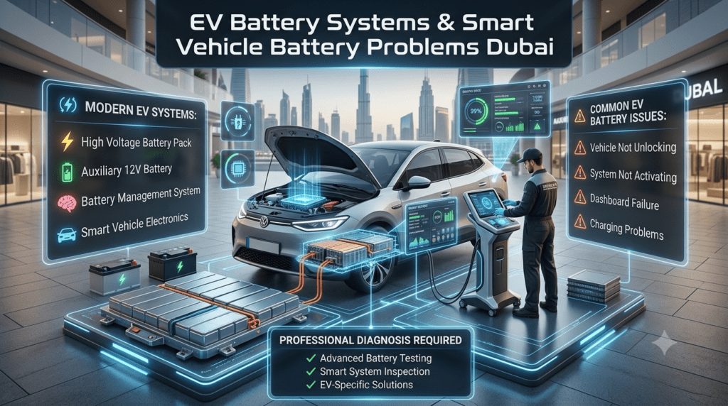 EV Battery Systems & Smart Vehicle Battery Problems Dubai โ Electric Car Guide EV battery systems Dubai guide showing electric vehicle high voltage battery packs, auxiliary 12V battery, battery management system, and common battery failure symptoms