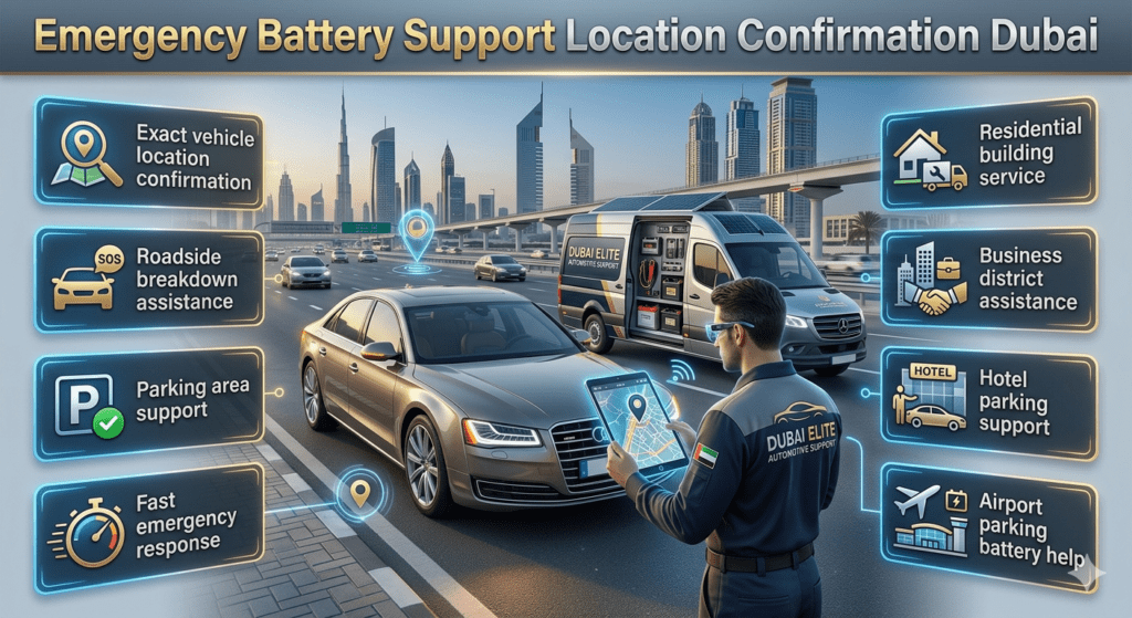 Roadside battery technician confirming vehicle location in Dubai for emergency car battery assistance service