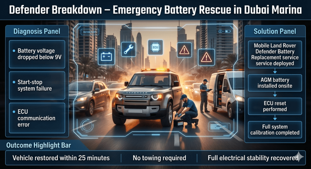 Emergency Land Rover Defender breakdown in Dubai Marina showing mobile battery replacement service, diagnosis, repair process, and successful vehicle recovery.