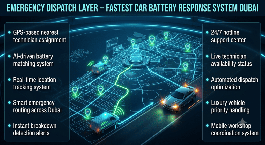 Futuristic emergency dispatch system infographic showing GPS tracking, AI-based technician assignment, and 24/7 roadside battery support network in Dubai.