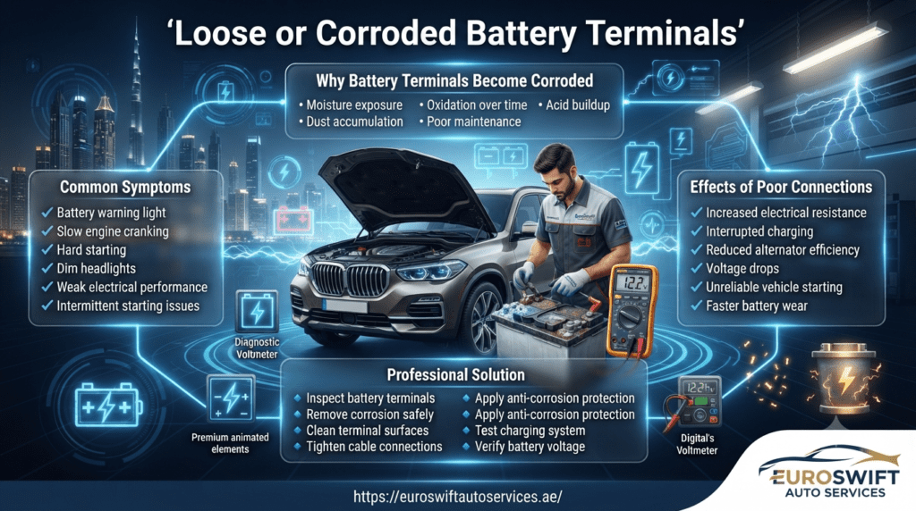 Loose or Corroded Battery Terminals โ Causes, Signs & Professional Solution Loose or corroded battery terminals infographic showing a technician cleaning battery terminals, dashboard battery warning light, corrosion buildup, and professional charging system inspection in Dubai.