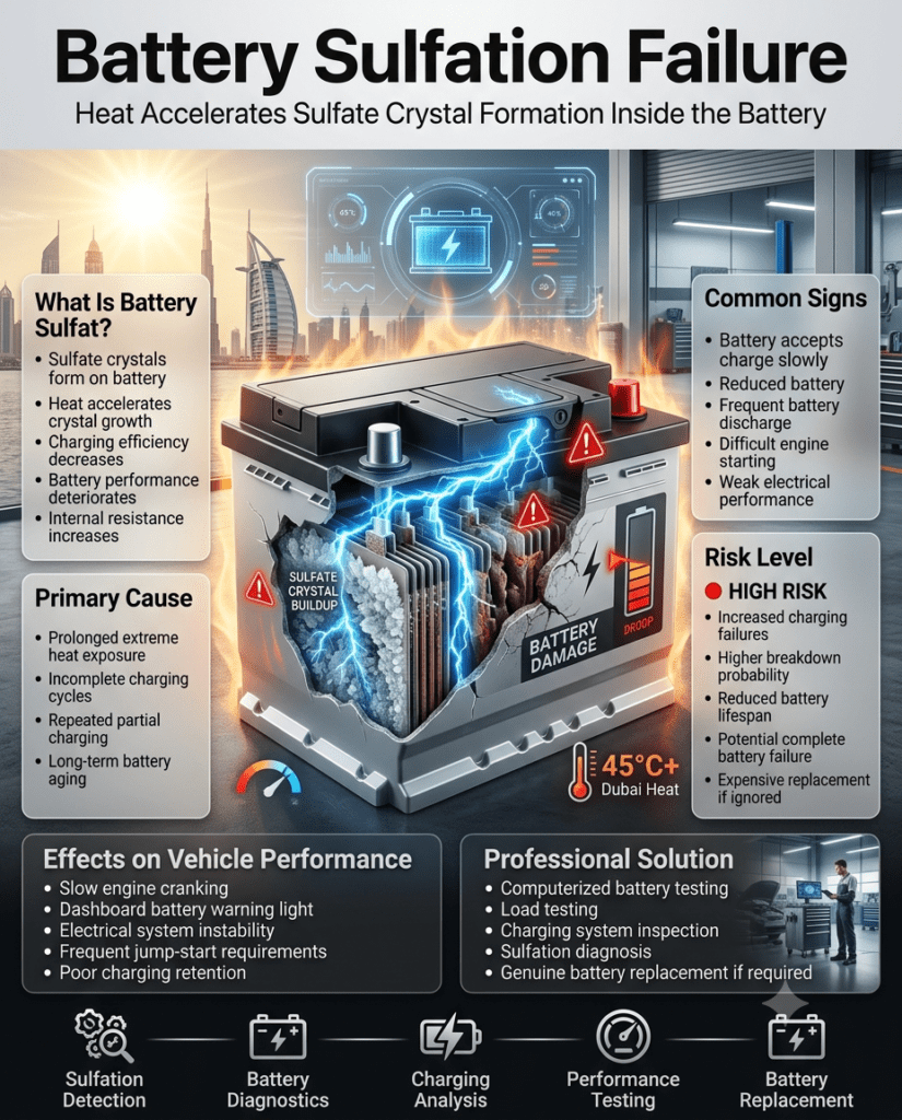Professional automotive infographic illustrating battery sulfation failure caused by extreme heat, showing sulfate crystal buildup inside a car battery, slow charging symptoms, reduced battery capacity, and difficult engine starting.