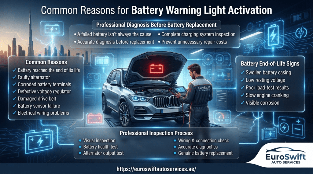 Common Reasons for Battery Warning Light Activation Common Reasons for Battery Warning Light Activation infographic showing a luxury SUV, professional battery diagnostic inspection, battery end-of-life signs, and charging system troubleshooting in Dubai.
