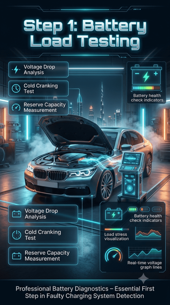 Luxury car battery load testing infographic showing voltage drop analysis, cold cranking test, and reserve capacity measurement in a futuristic Dubai automotive diagnostic environment.