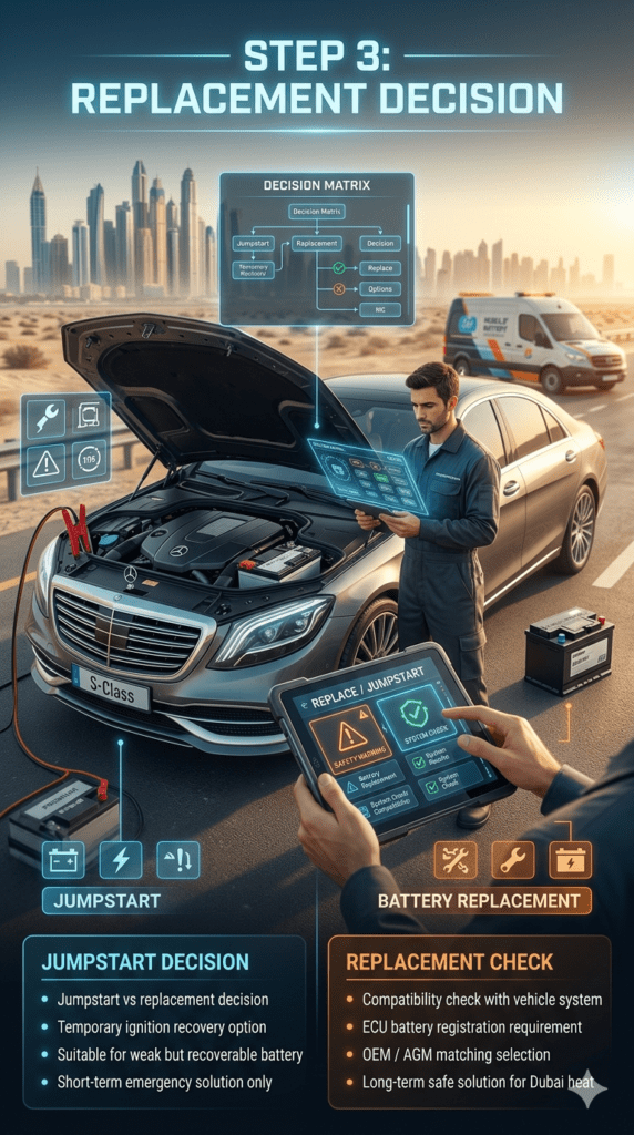 Step 3: Replacement Decision – Jumpstart vs Battery Replacement Dubai Automotive technician comparing jumpstart and battery replacement options using diagnostic tablet on luxury car in Dubai roadside service scene.