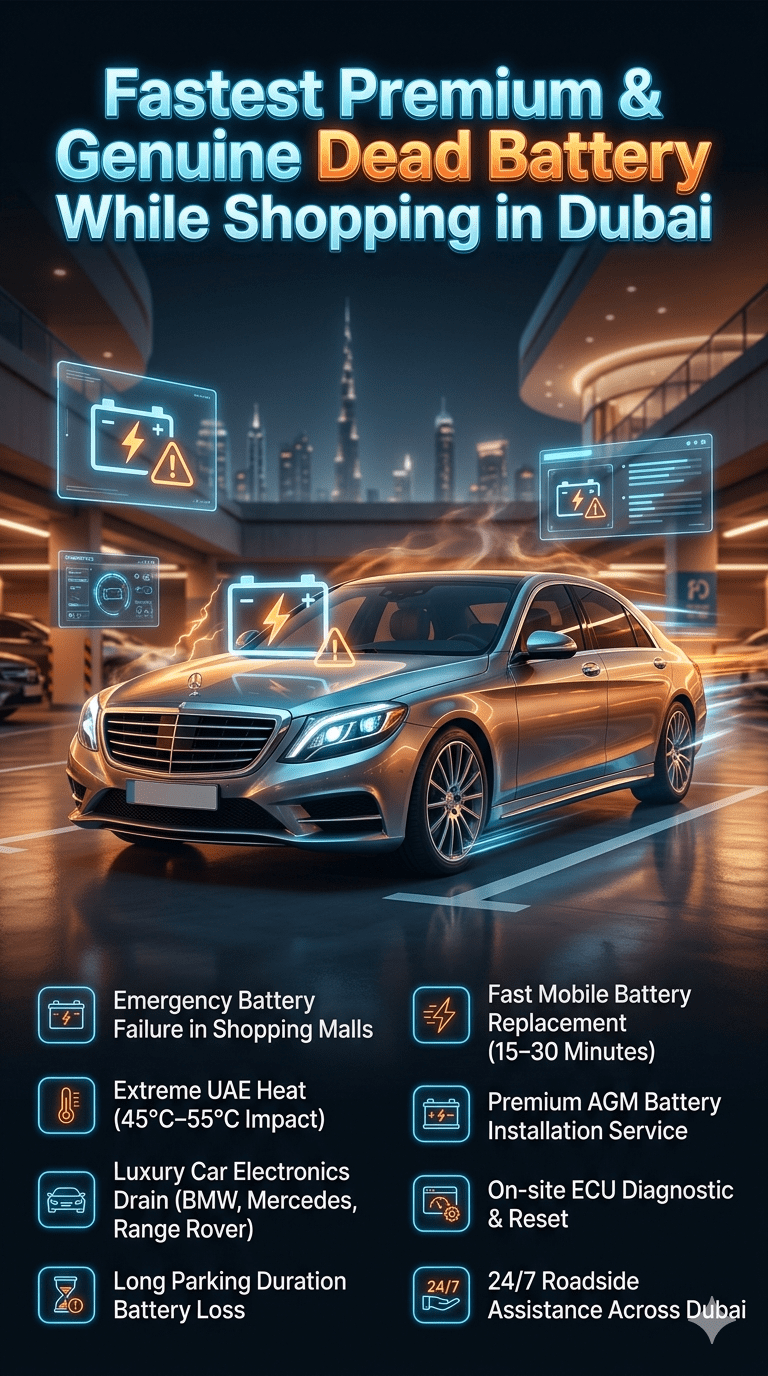 Luxury infographic showing fastest premium and genuine dead car battery emergency service in Dubai with central luxury car, Dubai mall background, and side panels listing emergency battery replacement and diagnostic services.