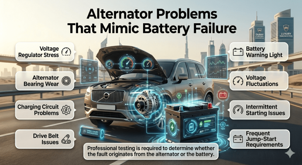 Alternator Problems That Mimic Battery Failure – Dubai Vehicle Charging System Guide Premium infographic showing alternator problems that mimic battery failure, including voltage regulator issues, charging circuit faults, drive belt problems, warning lights, voltage fluctuations, and jump-start requirements.
