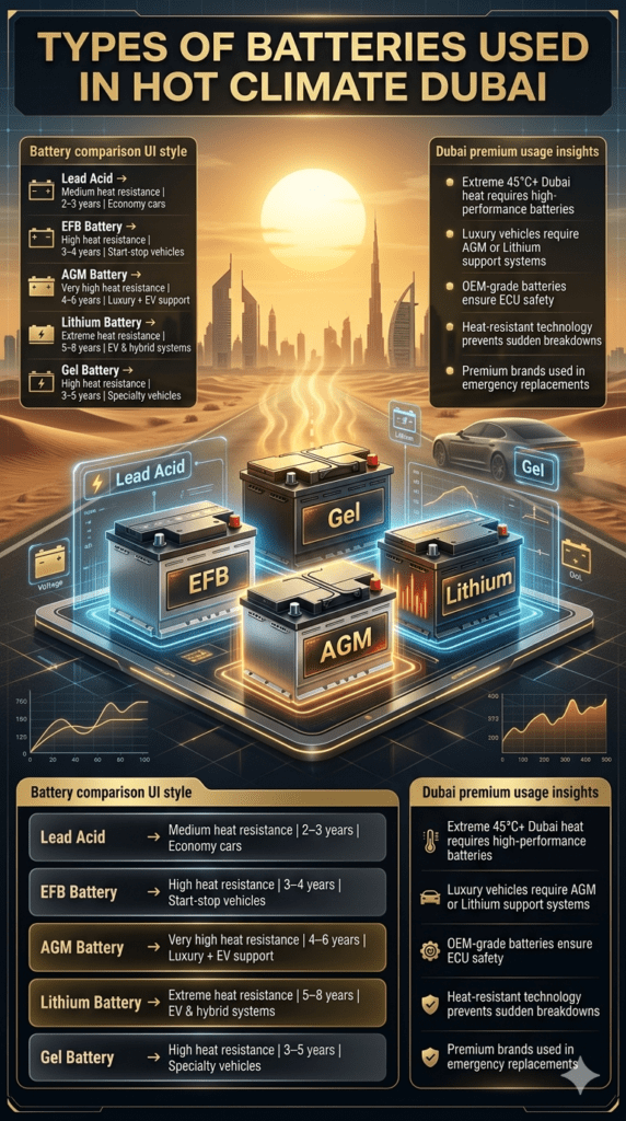 Infographic showing different car battery types used in Dubai hot climate with comparison of heat resistance, lifespan, and vehicle suitability.