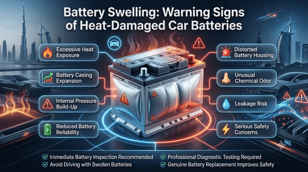Battery swelling infographic showing a heat-damaged swollen car battery with warning signs including distorted housing, unusual odor, leakage risk, and safety concerns.