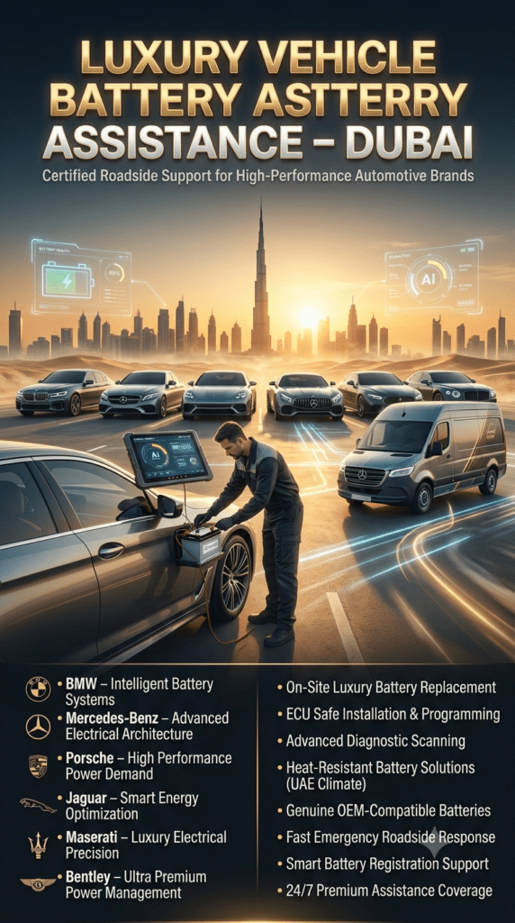 Luxury Vehicle Battery Assistance in Dubai – Premium Roadside Support for High-End Cars Luxury roadside battery assistance infographic showing BMW, Mercedes-Benz, Porsche, Jaguar, Maserati, and Bentley supported by professional mobile battery service in Dubai.