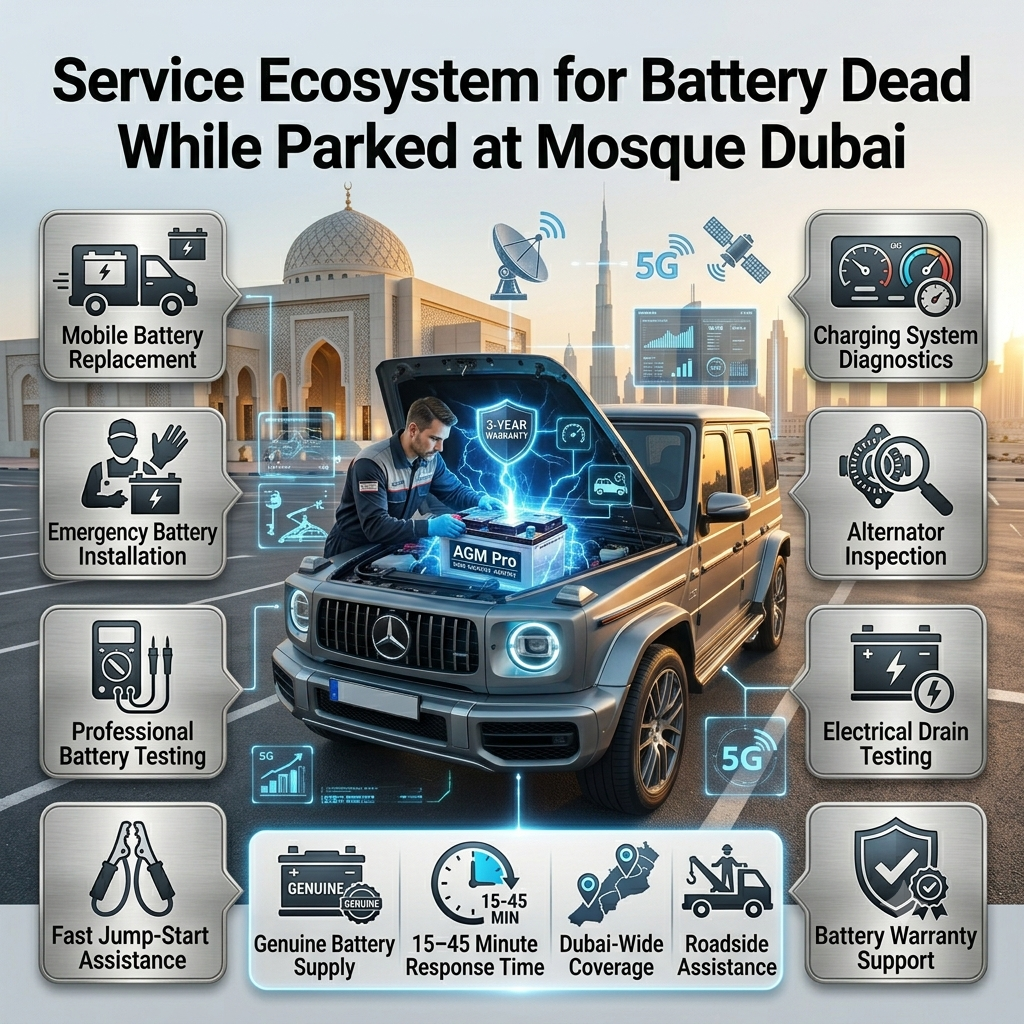Service Ecosystem for Battery Dead While Parked at Mosque Dubai Service ecosystem for battery dead while parked at mosque Dubai showing mobile battery replacement, diagnostics, jump-start assistance, and roadside support.