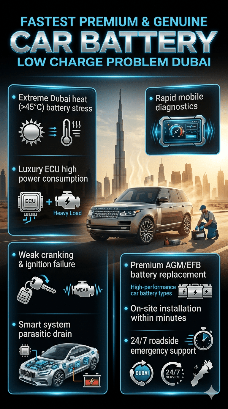 Luxury car battery low charge problem infographic in Dubai showing heat impact, ECU drain, and roadside mobile battery replacement service with premium automotive branding.