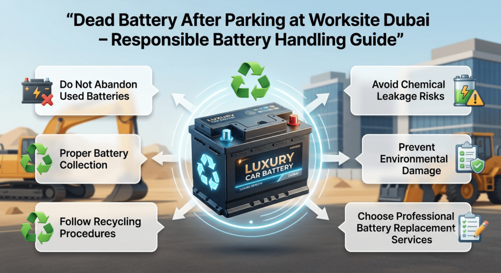 Dead Battery After Parking at Worksite Dubai – Responsible Battery Handling Guide Professional battery handling guide showing safe disposal, recycling, and responsible replacement steps after a dead car battery at a Dubai worksite.