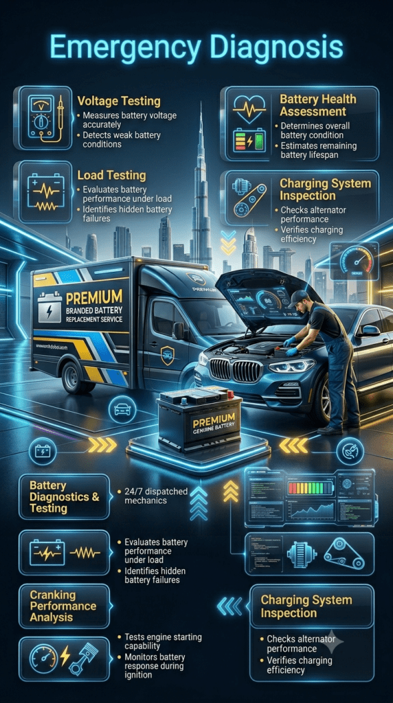 Professional automotive infographic showing Emergency Diagnosis for car battery replacement services. The title appears at the top, with a premium battery diagnostic technician and advanced testing equipment displayed in the center. Key diagnostic procedures including voltage testing, load testing, cranking performance analysis, battery health assessment, and charging system inspection are presented as animated callout points around the main visual. High-end automotive service center style with futuristic dashboard graphics, digital battery analytics, glowing icons, and premium 3D infographic design.