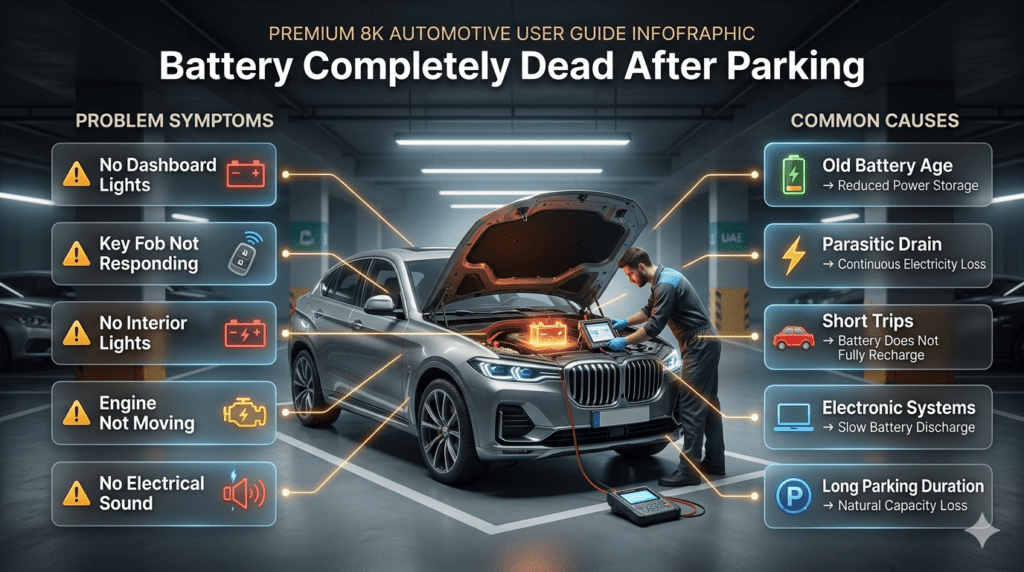 Battery completely dead after parking infographic showing car battery failure symptoms, causes, and professional vehicle battery inspection in Dubai.