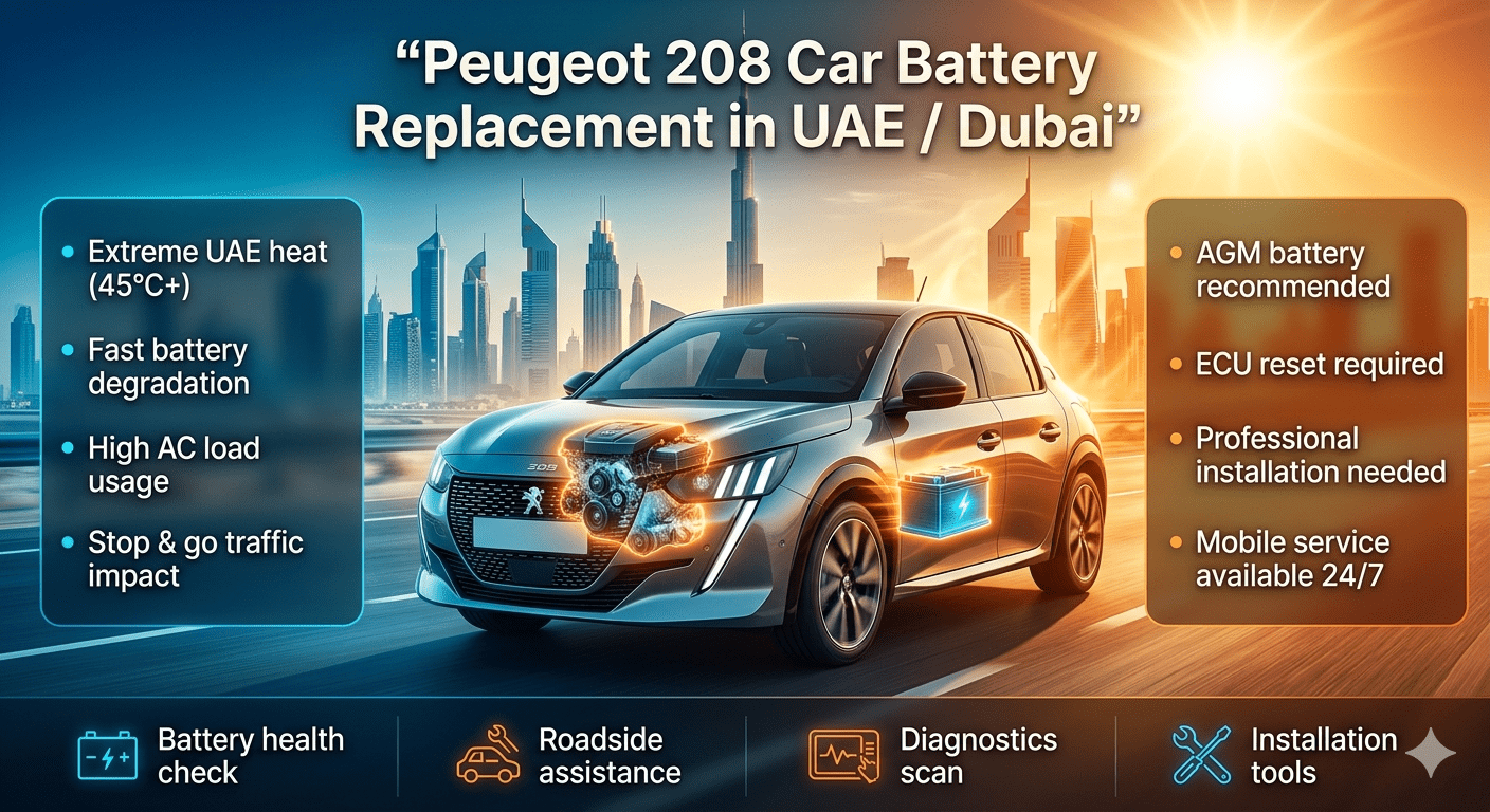 Infographic showing Peugeot 208 car battery replacement process in UAE Dubai with heat impact, battery types, ECU reset requirement, and professional mobile installation service guide.