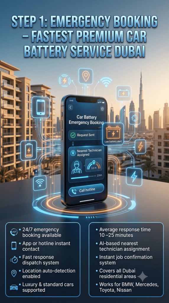 Premium automotive infographic showing Step 1 emergency car battery booking in Dubai with a smartphone app interface and hotline call system used to request fast battery replacement service.
