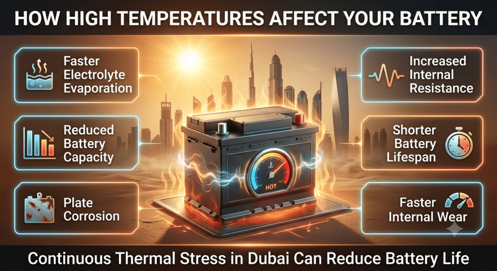Premium automotive infographic showing how extreme heat affects a car battery, including electrolyte evaporation, reduced capacity, corrosion, internal resistance increase, and shorter battery lifespan in Dubai climate.