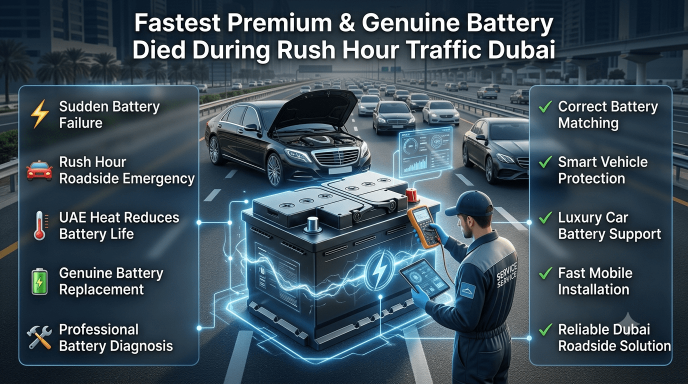 Fastest Premium and Genuine car battery replacement Dubai guide showing emergency battery failure during rush hour traffic, UAE heat impact, and professional roadside battery service