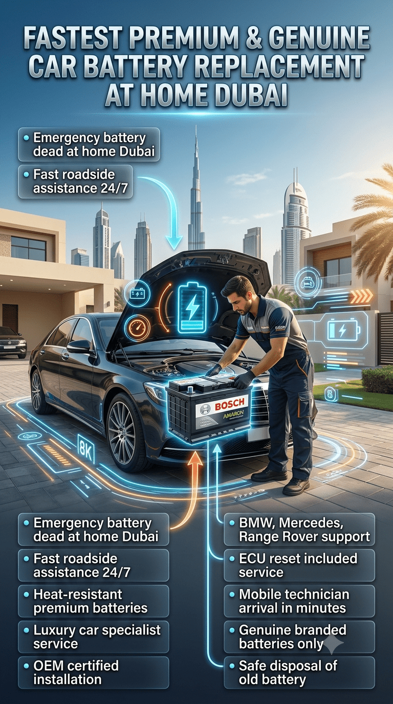 Professional automotive infographic showing fastest premium and genuine car battery replacement at home service in Dubai with technician installing a battery in a luxury car, Dubai skyline background, and key service features listed on both sides.