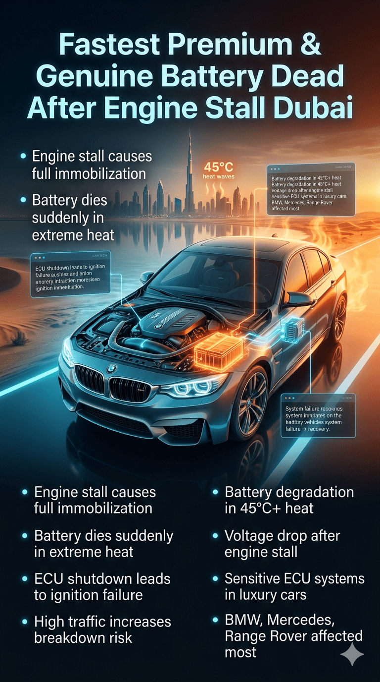 Luxury car battery failure after engine stall in Dubai showing ECU shutdown, extreme heat impact, and emergency roadside battery replacement system visualization.