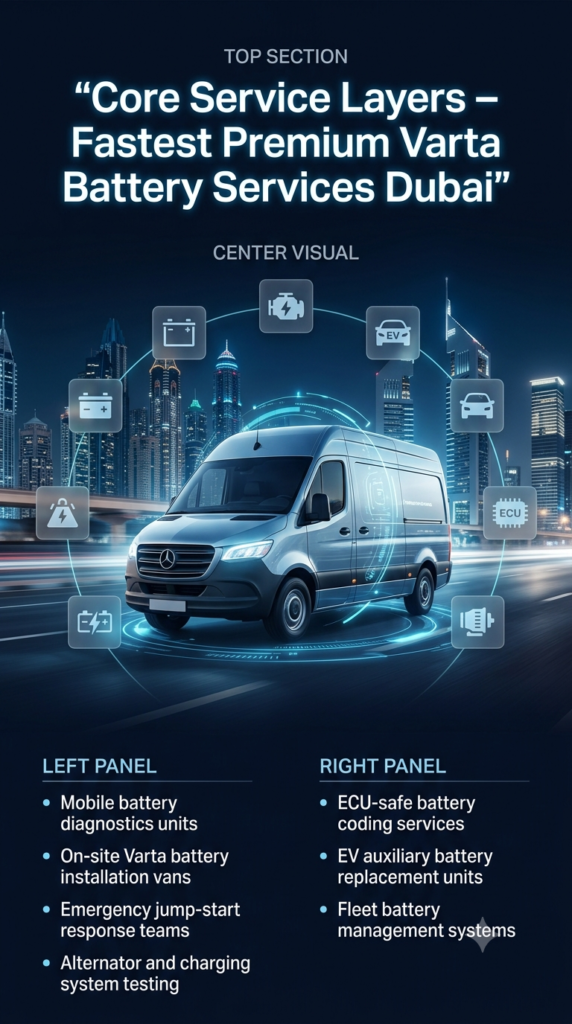 Futuristic automotive infographic showing core battery service layers in Dubai including mobile diagnostics, installation vans, jump-start teams, ECU coding, EV support, and fleet management with a premium service vehicle in center.