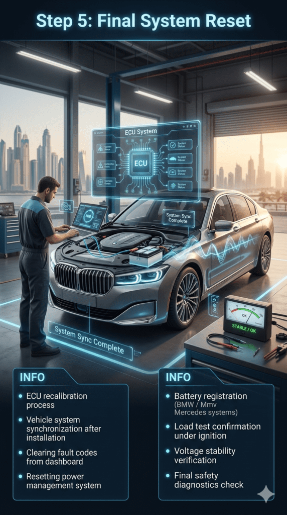 Step 5: Final System Reset – ECU Calibration & Battery Registration Dubai Luxury car ECU reset and battery registration process in Dubai with technician using diagnostic laptop and system stability check.