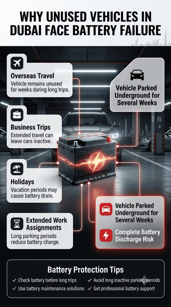 Car Battery Discharge During Long Vehicle Inactivity Dubai Car battery discharge guide showing reasons for vehicle battery drain in Dubai during long inactivity periods like travel, holidays, and underground parking.