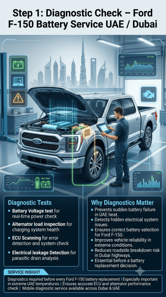 Step 1: Diagnostic Check – Ford F-150 Car Battery Replacement UAE Ford F-150 diagnostic check infographic showing voltage test, alternator inspection, ECU scanning, and electrical leakage detection in a futuristic automotive workshop design.