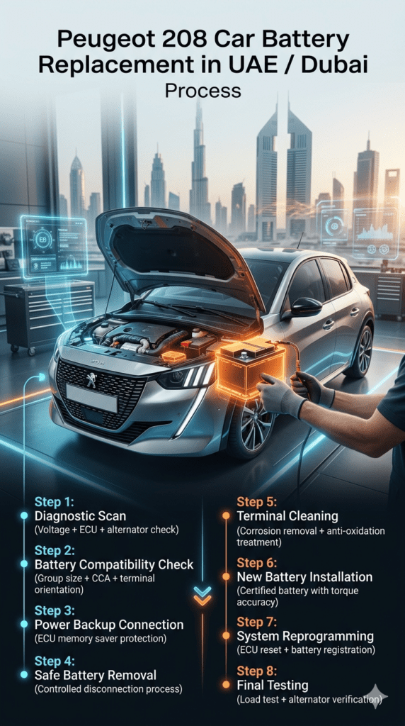 Step-by-step infographic showing Peugeot 208 car battery replacement process in UAE Dubai including diagnostic scan, battery installation, ECU reset, and final testing procedure.