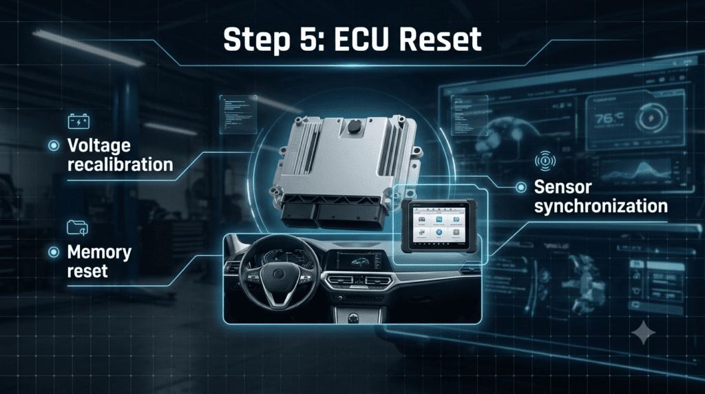 ECU reset guide showing voltage recalibration, memory reset, and sensor synchronization around a modern car diagnostic system in a high-tech automotive interface.