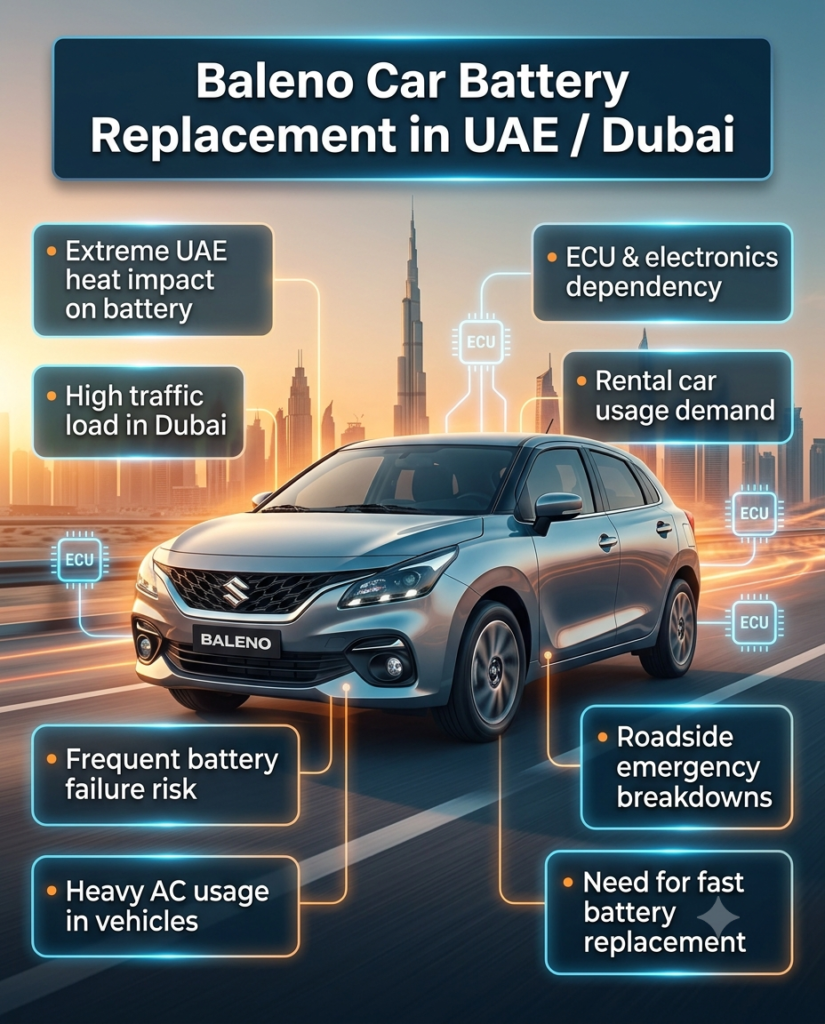Infographic showing Suzuki Baleno car battery replacement in UAE and Dubai with key points about heat impact, traffic load, ECU dependency, and emergency breakdown risks.