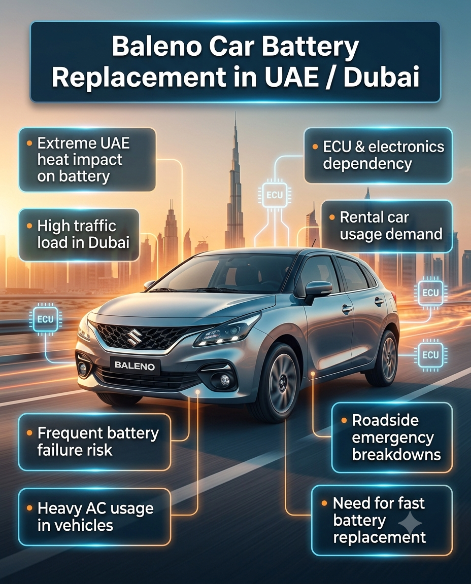 Infographic showing Suzuki Baleno car battery replacement in UAE and Dubai with key points about heat impact, traffic load, ECU dependency, and emergency breakdown risks.