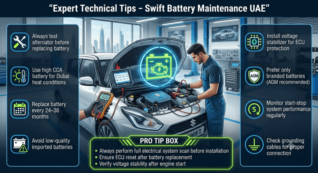 Automotive infographic showing expert technical tips for Maruti Suzuki Swift battery maintenance in UAE, including alternator testing, high CCA battery usage, ECU protection, and grounding cable checks.