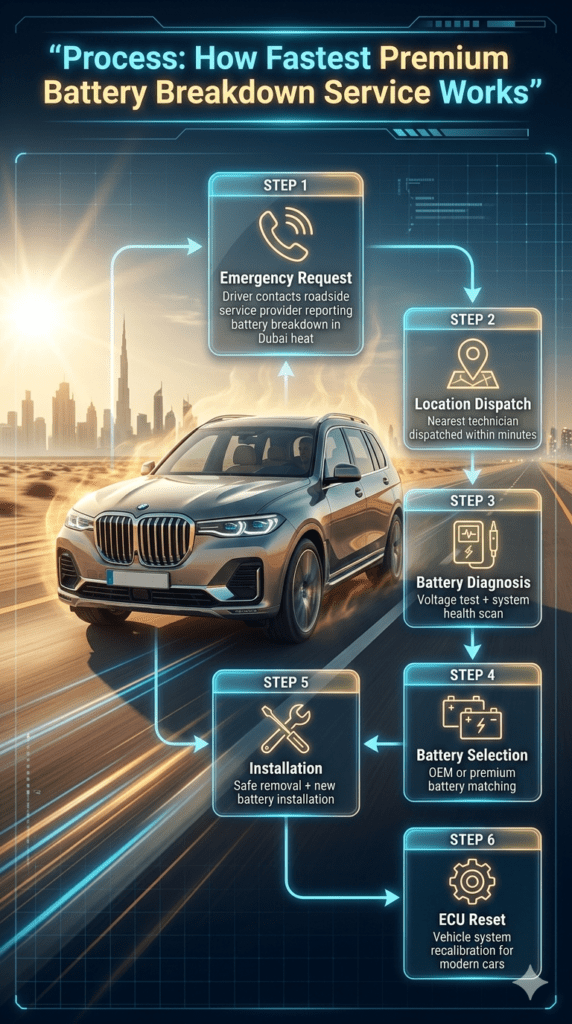 Step-by-step infographic showing how fast premium car battery breakdown service works in Dubai heat including emergency request, dispatch, diagnosis, battery selection, installation, and ECU reset.
