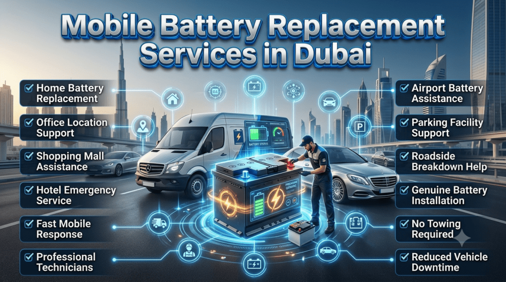 Mobile battery replacement service infographic showing a technician installing a genuine battery at a customer location in Dubai with roadside assistance, home service, airport support, and emergency battery replacement features.