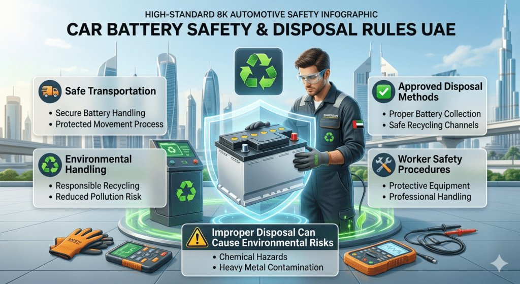 Car battery safety and disposal rules infographic showing safe transportation, recycling, and environmental handling procedures in UAE.