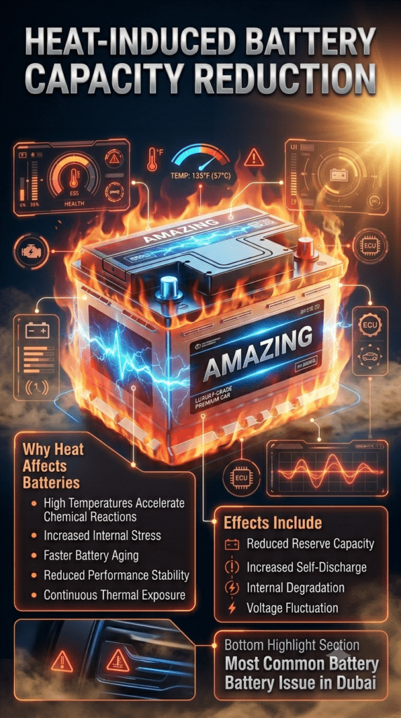 Professional automotive infographic illustrating how high temperatures reduce car battery capacity, featuring a premium battery in extreme heat conditions, thermal effects, voltage indicators, and key battery degradation symptoms in a futuristic automotive design.