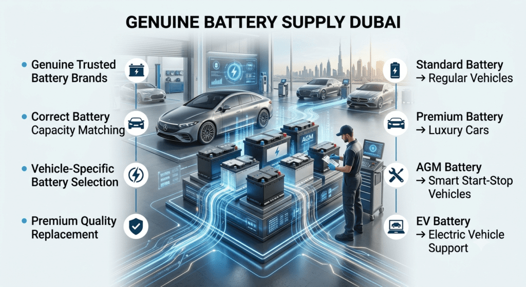Genuine battery supply Dubai with premium car battery options for regular, luxury, smart, and electric vehicles.