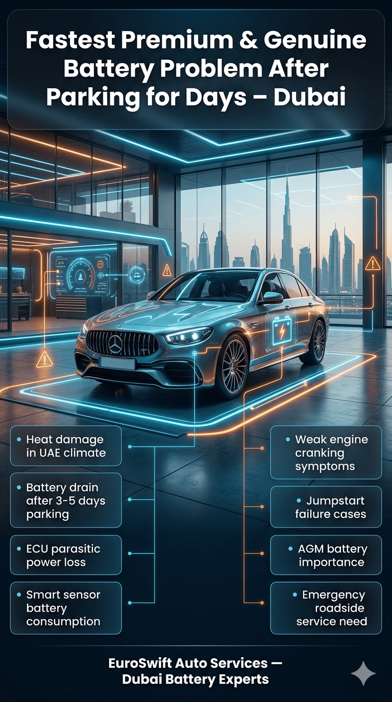 Luxury car battery failure infographic showing problems after parking in Dubai heat with emergency roadside service and battery warning indicators