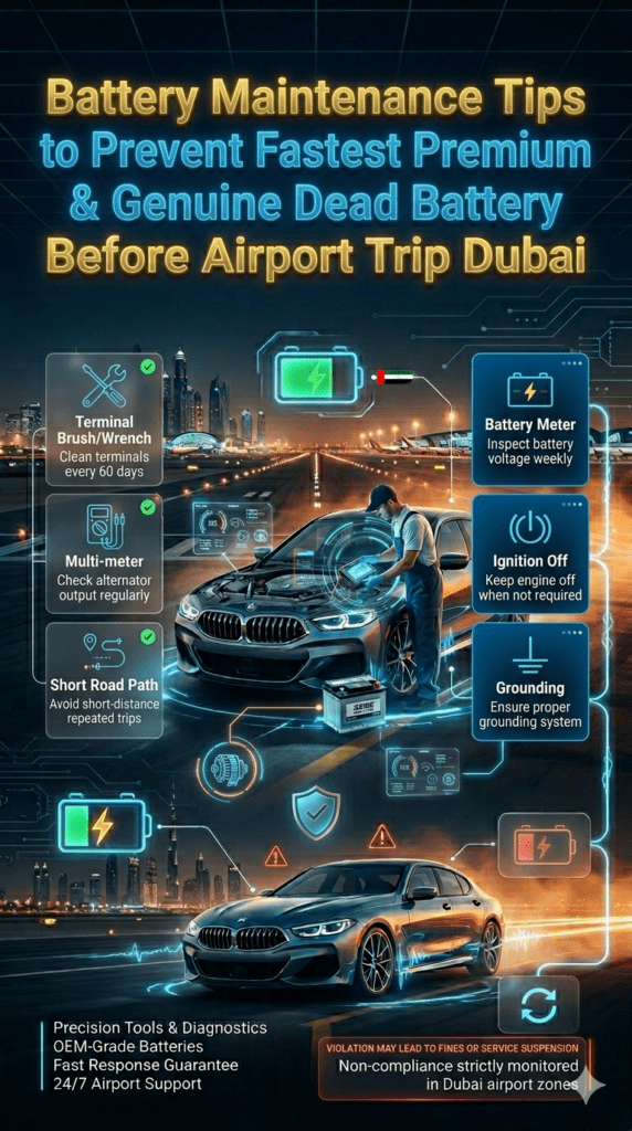 Automotive maintenance infographic showing battery care tips in Dubai including terminal cleaning, alternator checks, voltage inspection, and preventive vehicle maintenance.