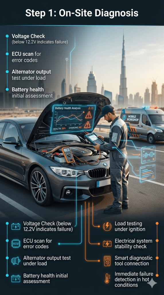 Step 1: On-Site Diagnosis – Battery Failure Inspection Dubai Automotive technician performing on-site car battery diagnostics in Dubai with ECU scan, voltage test, and alternator check in luxury vehicle.
